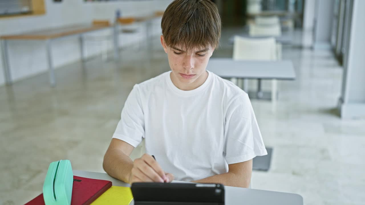 一个年轻的白人男性少年在图书馆的一张现代桌子上聚精会神地用平板电脑学习视频素材