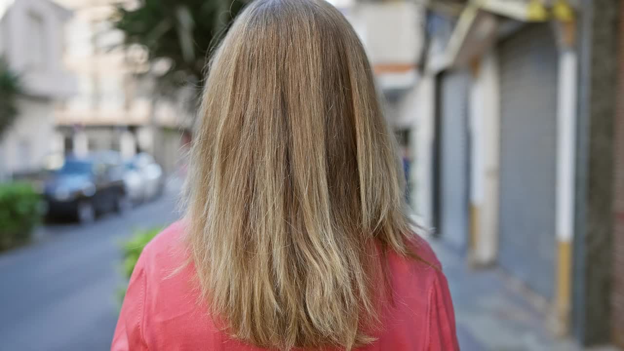 自信的金发碧眼的粉色女子，双臂交叉，在阳光明媚的城市街道上微笑。视频素材