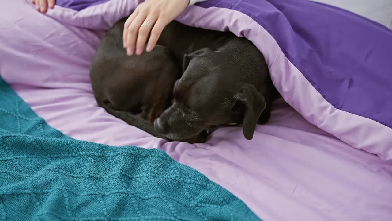 一个安静的年轻女子和她的黑色拉布拉多犬在舒适的卧室里放松视频素材