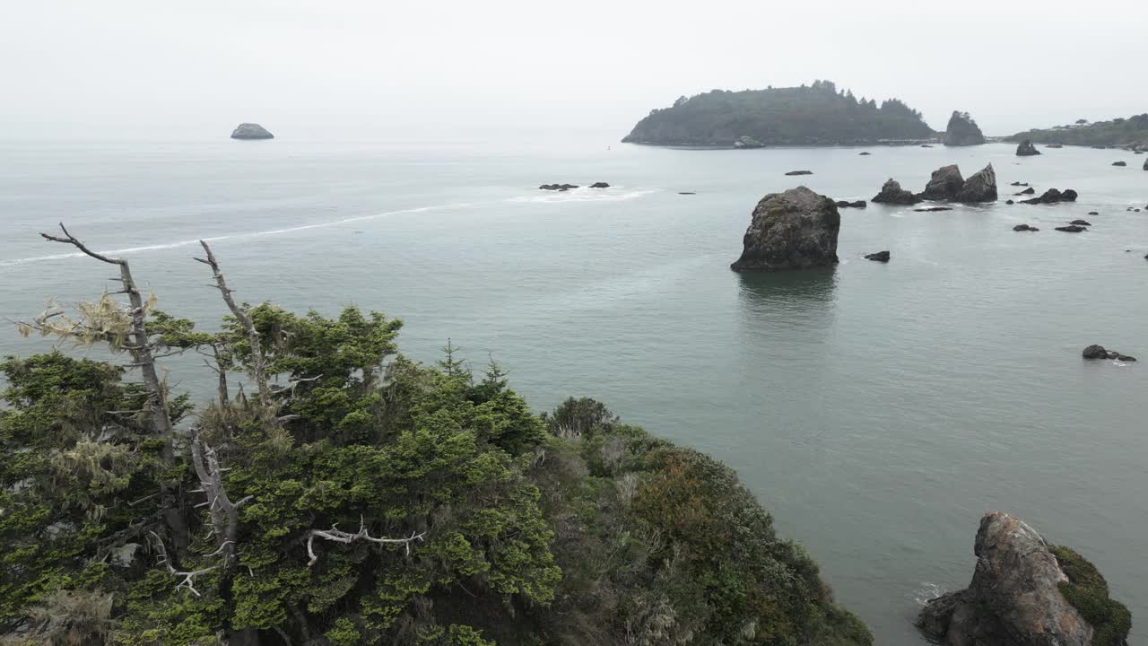 海柱和特立尼达在雾蒙蒙的一天在特立尼达，洪堡县，加利福尼亚，美国。-航拍视频素材