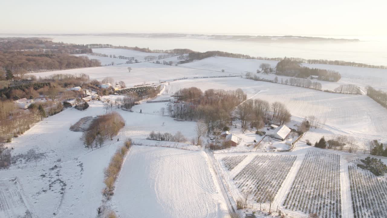 日出时被雪覆盖的农业景观航拍视频素材