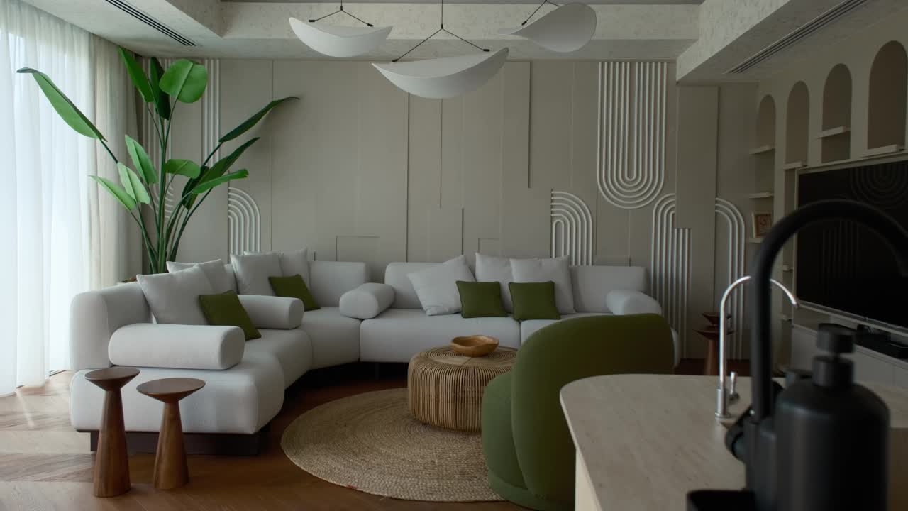迪拜一座昂贵的私人别墅的客厅，阳光从全景窗户照射进来视频素材