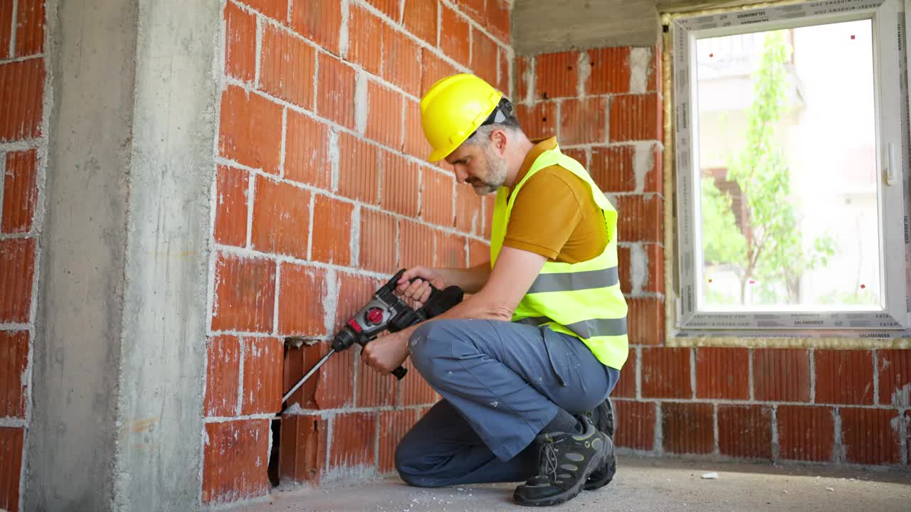 中年白人建筑工人，在建筑工地工作时使用冲击钻视频素材