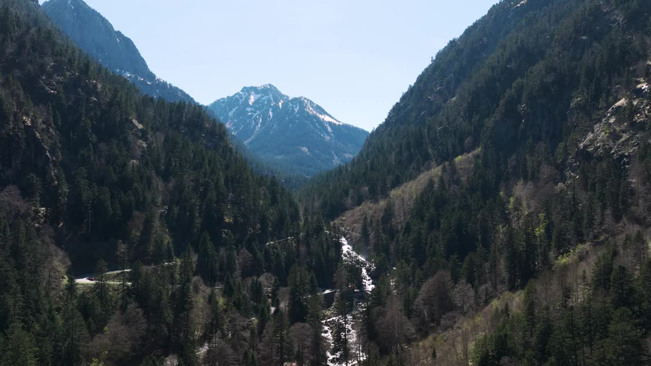 一架无人机/航拍片段向前飞行在法国比利牛斯山脉的考特雷特山谷视频素材