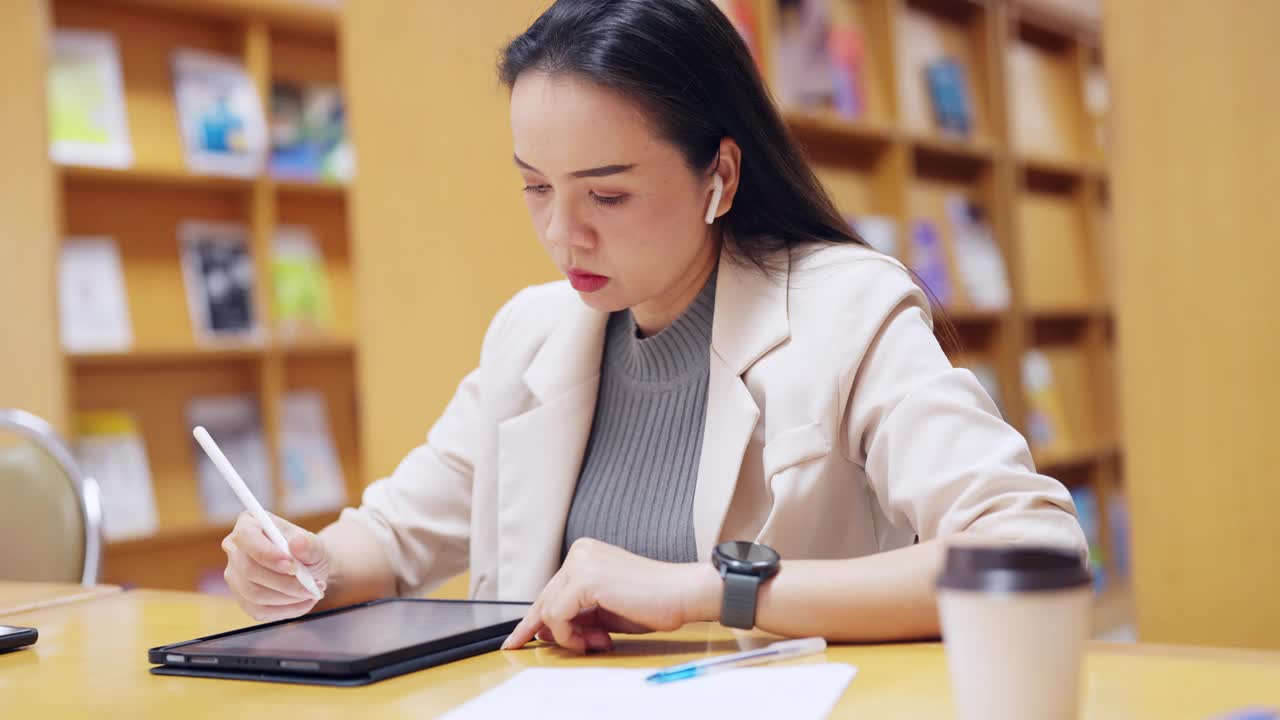 一个女人坐在桌子前，手里拿着一块写字板和一支笔视频素材