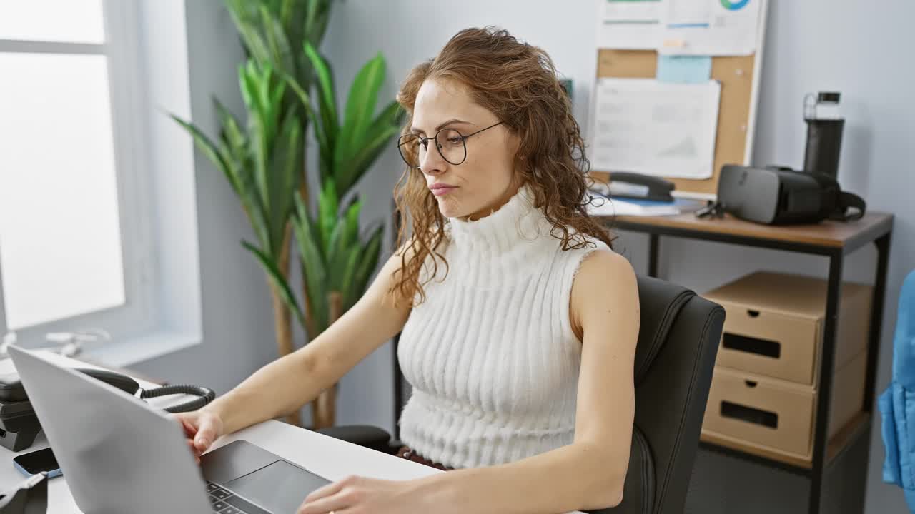 容光焕发的年轻女子充满活力，在办公室自信地挥动着她肌肉发达的手臂。她散发着力量，身体健康，拥抱健康的生活方式。职场动力屋!视频素材