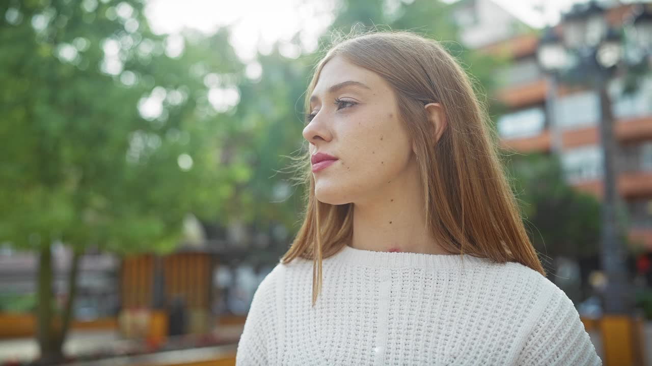 沉思的年轻女子在宁静的公园户外，沐浴在柔和的阳光下。视频素材