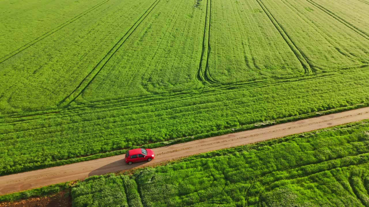 空中无人机拍摄的红色汽车行驶在狭窄的乡村道路在绿色的农业景观在阳光明媚的日子视频素材