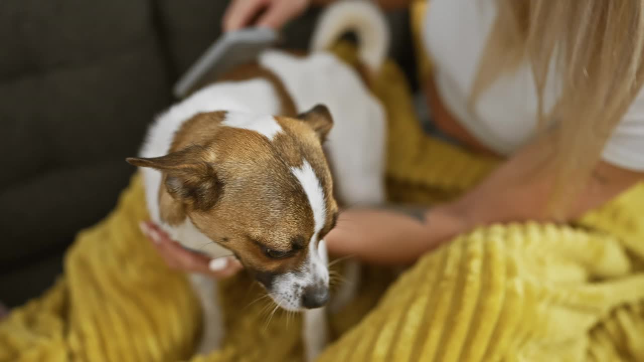 一位年轻女子在室内舒适的沙发上抚摸着她的杰克罗素梗犬。视频素材