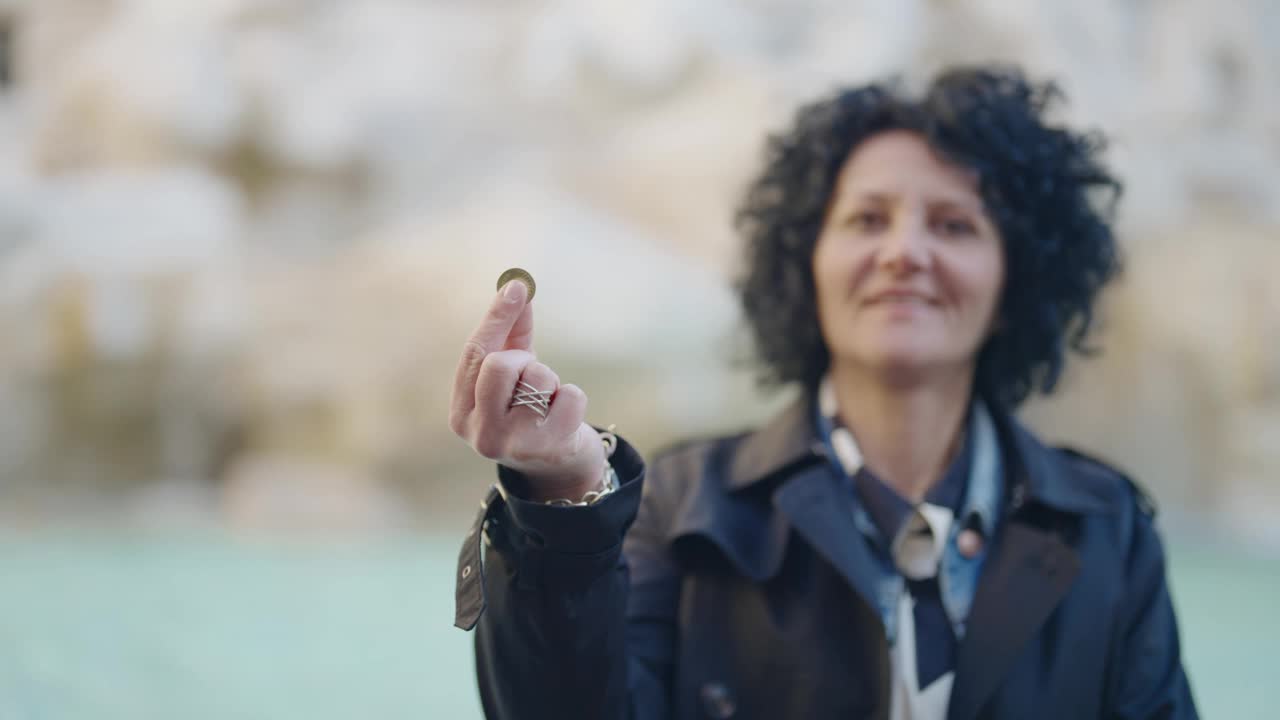 微笑的女人在意大利罗马的特雷维喷泉扔硬币，慢动作单独拍摄视频素材