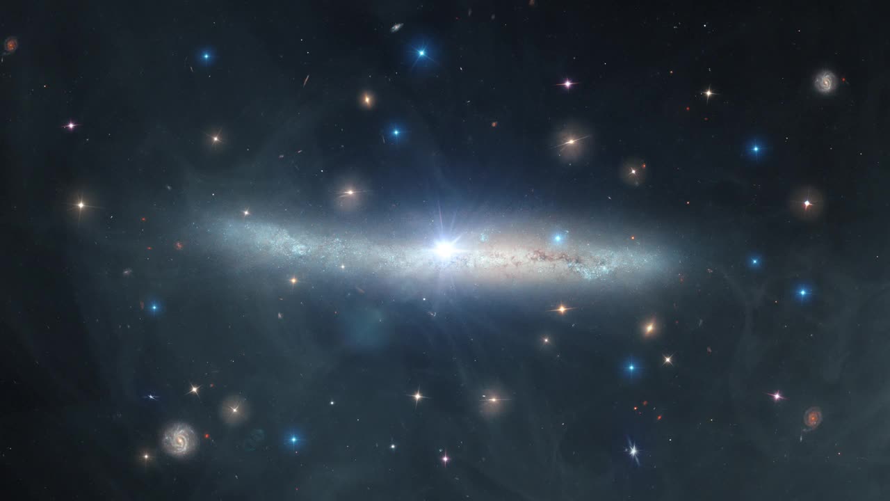 太空旅行NGC4423螺旋星系，穿越太空中的恒星场，4K 3D科学电影。这张图片的元素由美国宇航局提供。视频素材