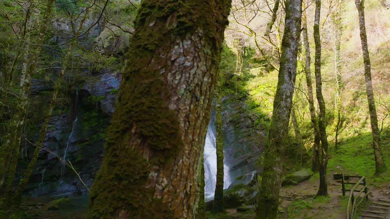 Seimeira de Vilagocende瀑布在西班牙加利西亚卢戈的丰萨格拉达的岩石上倾泻而下视频素材