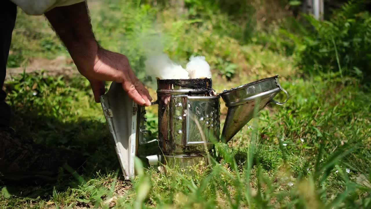 养蜂人的工具。养蜂人烧掉了吸蜂器。4 k的视频。视频下载