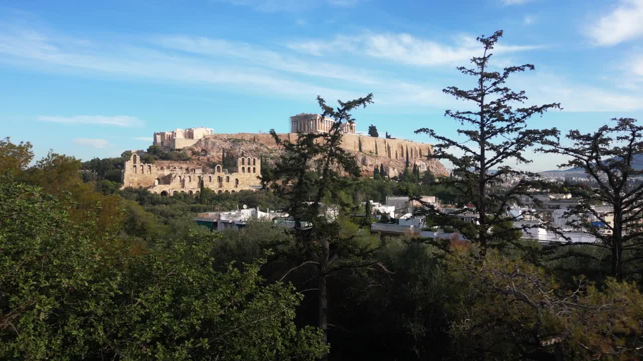 希腊卫城，雅典帕台农神庙无人机鸟瞰图，希腊著名旅游景点，古希腊地标无人机鸟瞰图-观光目的地联合国教科文组织遗产世界雅典视频素材