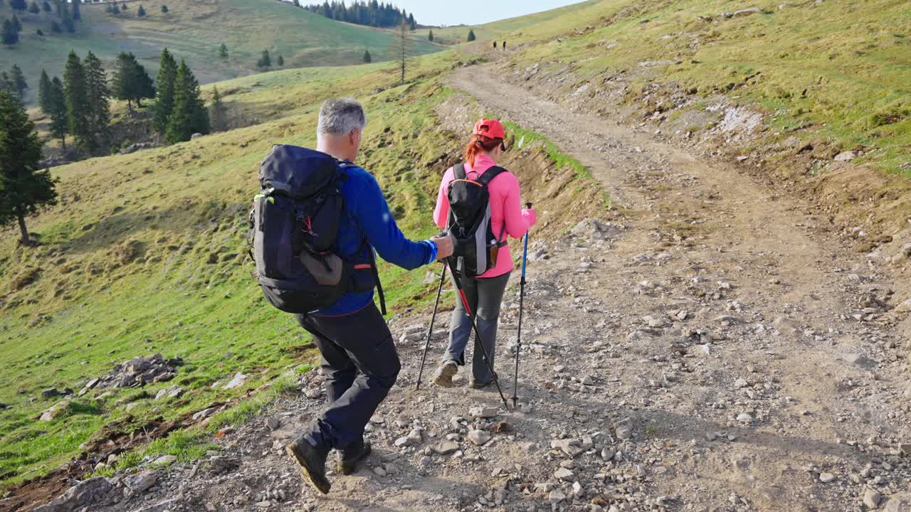 在阳光明媚的日子里，成熟的夫妇带着登山杆在Velika Planina山散步视频素材