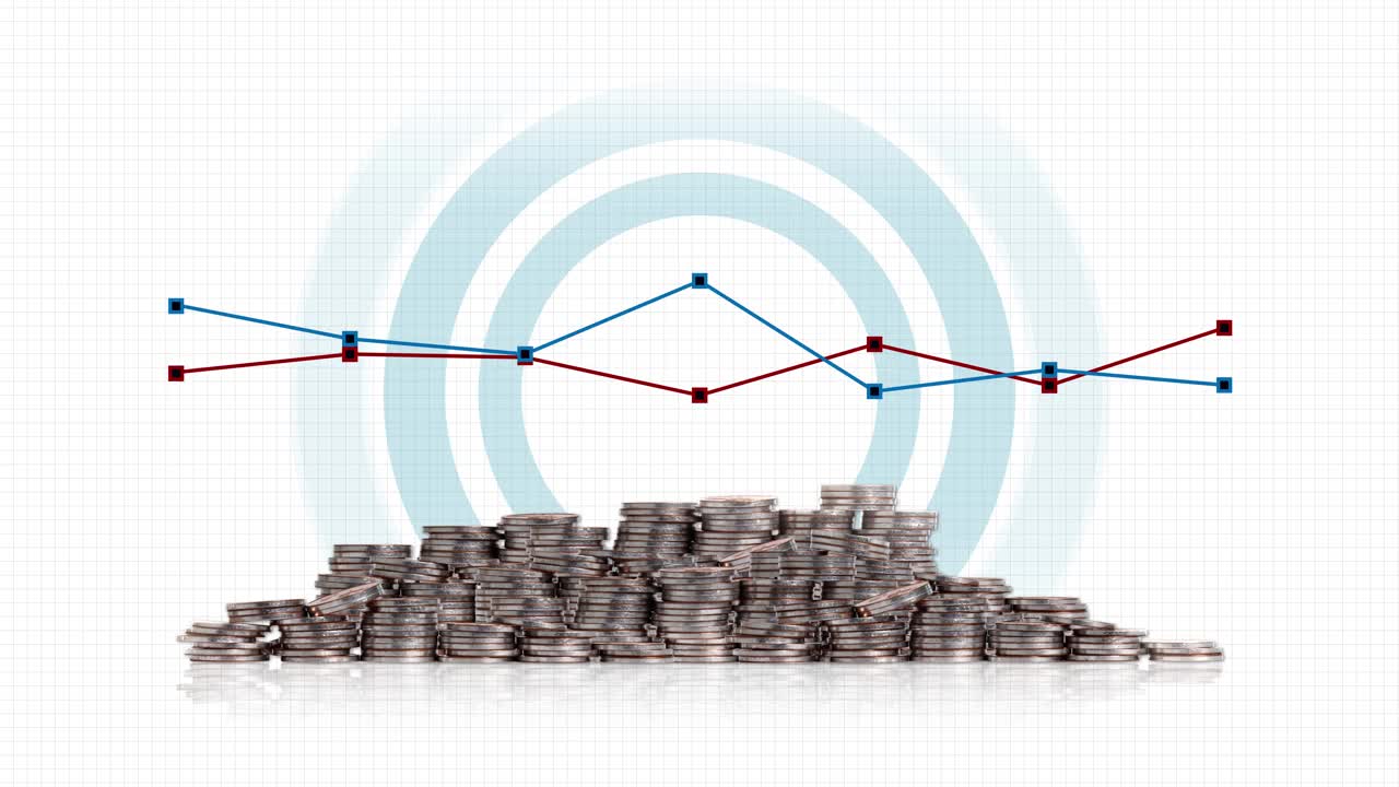 成堆的硬币和不断变化的线形图。视频下载