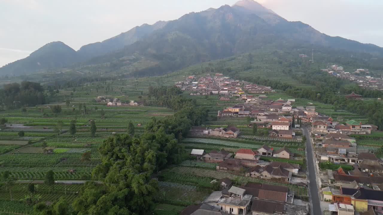 上午鸟瞰默拉皮火山山腰，在印度尼西亚中爪哇的Selo Boyolali，有菜园和村庄定居点或住房视频素材