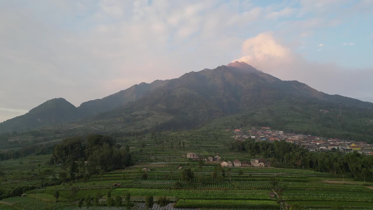 上午鸟瞰默拉皮火山山腰，在印度尼西亚中爪哇的Selo Boyolali，有菜园和村庄定居点或住房视频素材