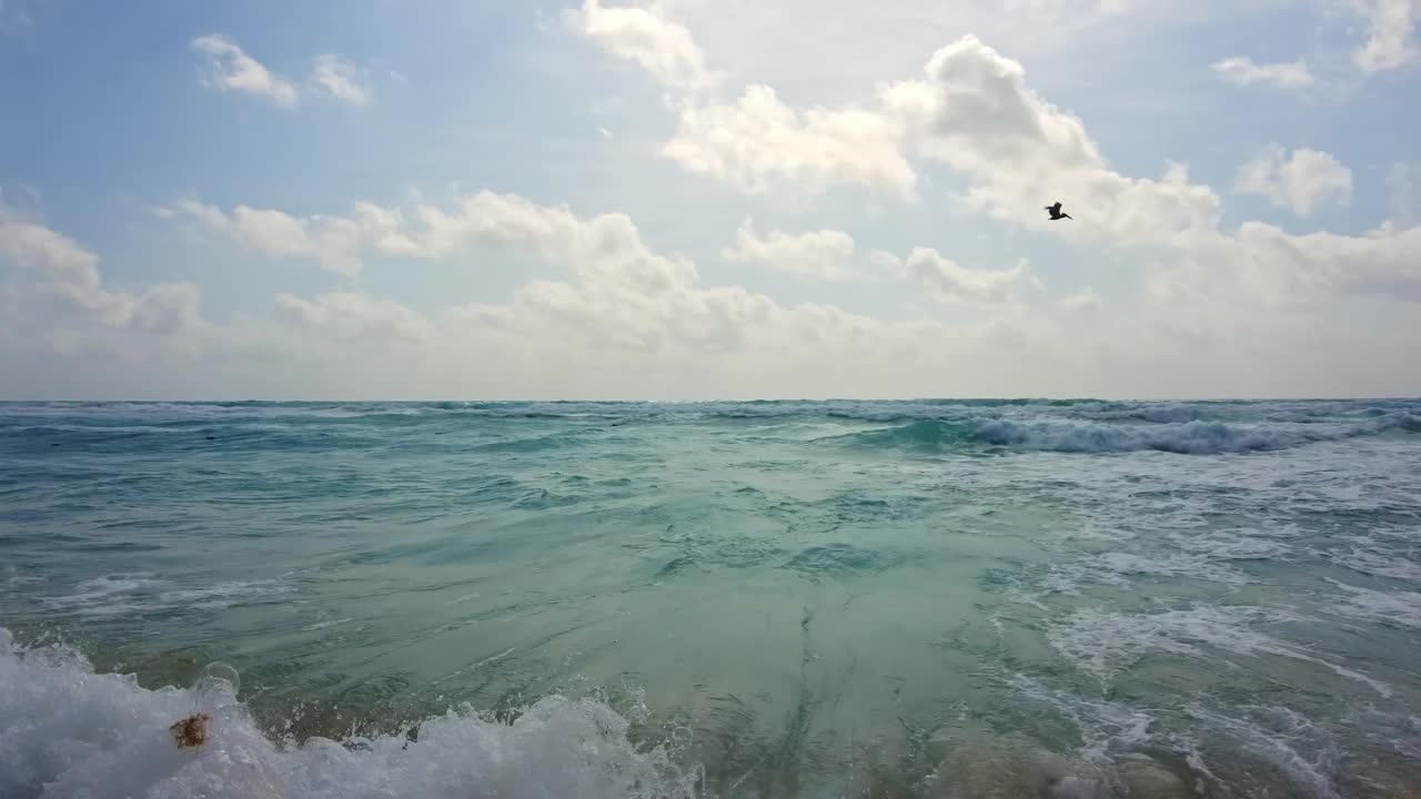 加勒比海巨大的蓝色海浪冲击着沙滩的沙滩的美丽景色。墨西哥。视频素材