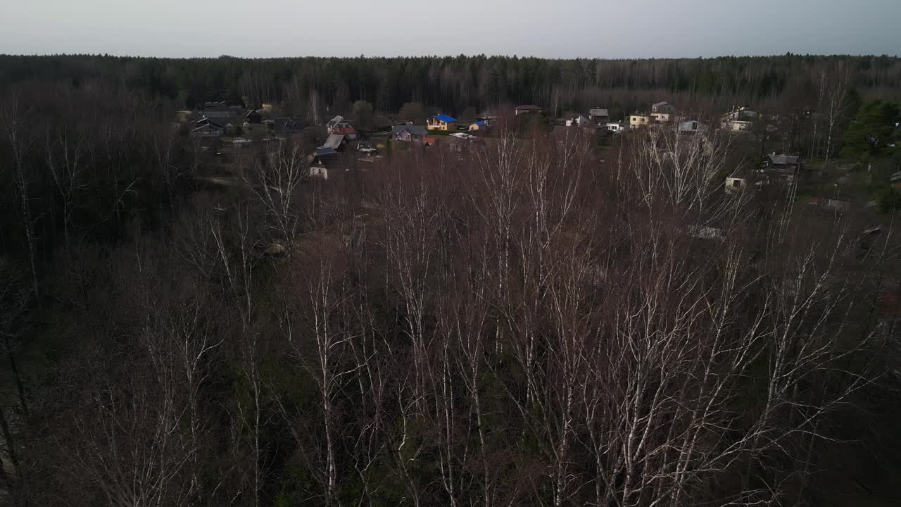 鸟瞰一个被树林和草原环绕的村庄视频素材