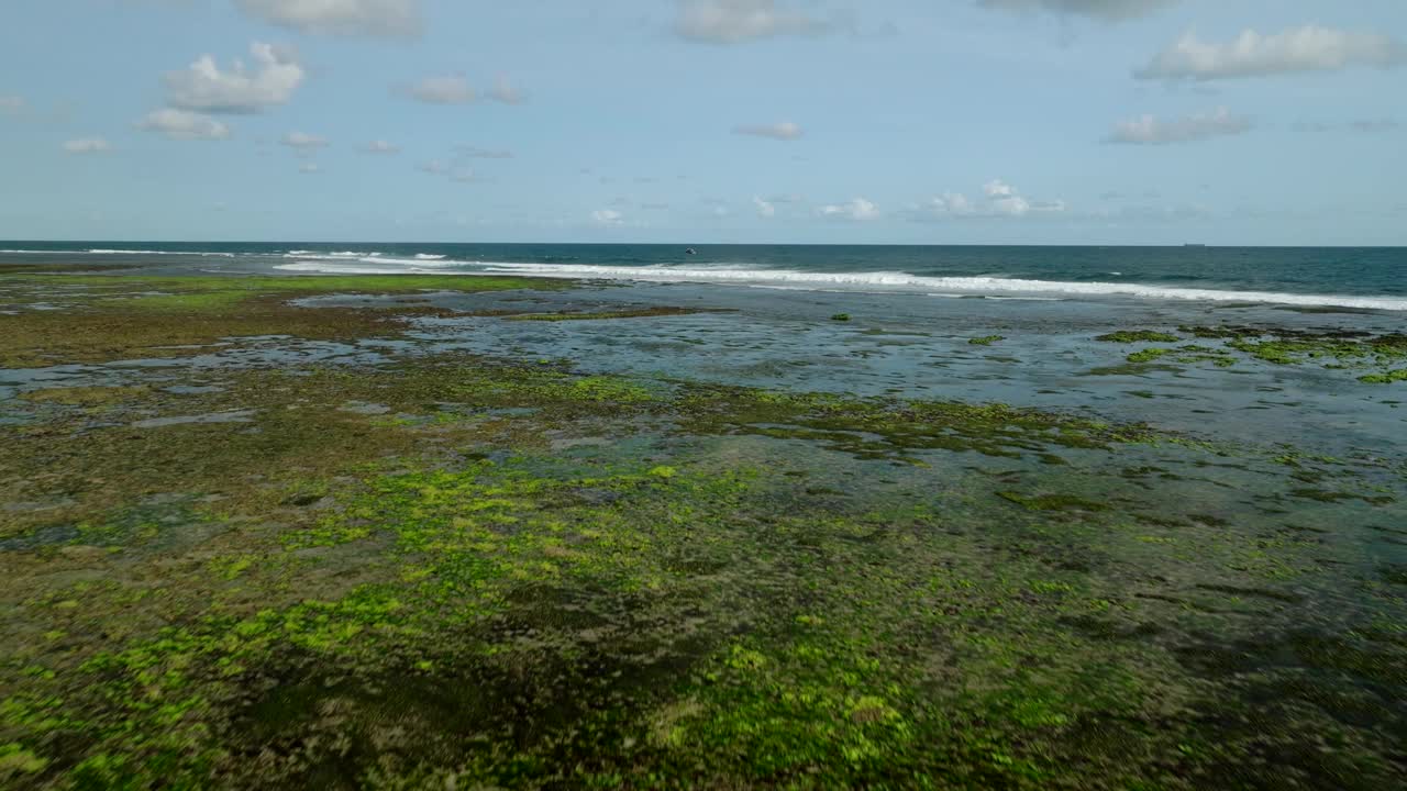 蓝色的海浪冲击着巴厘岛的沙滩和丛林视频素材