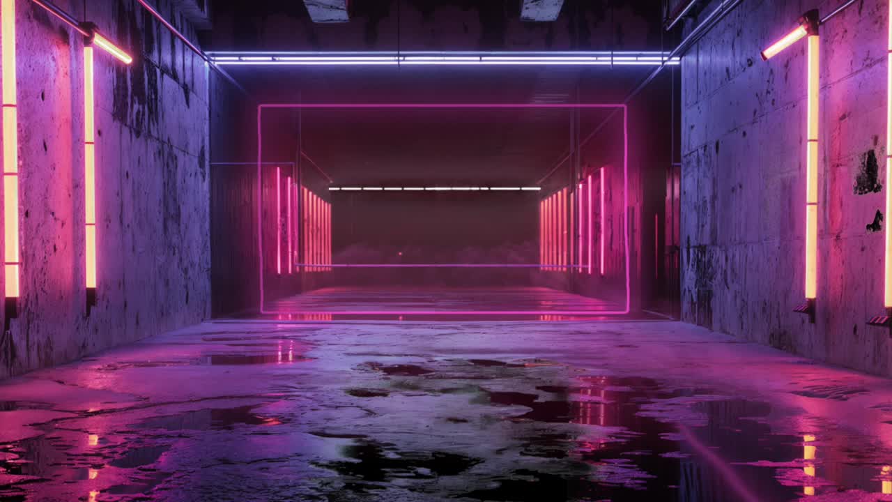 未来主义的霓虹灯绿色屏幕在黑暗的工业仓库与反射地板视频下载