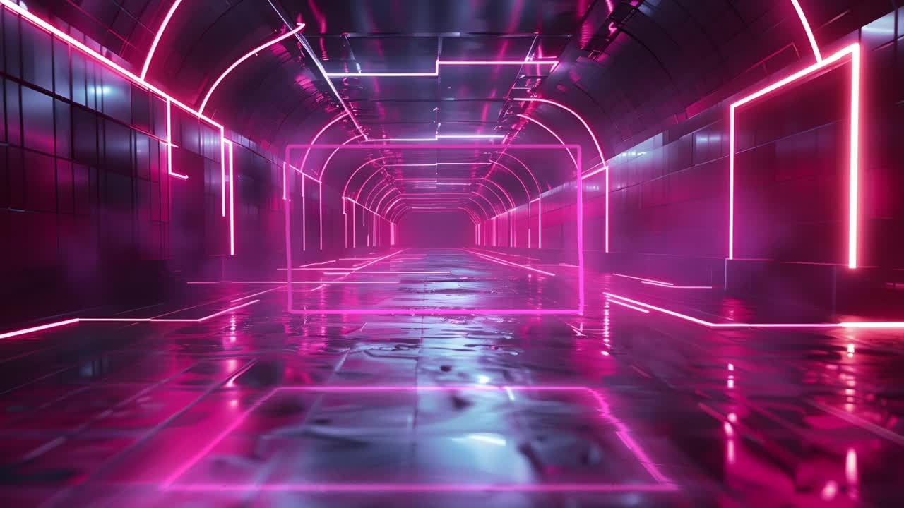 未来主义霓虹灯绿色屏幕在赛博朋克走廊与粉红色的照明视频素材