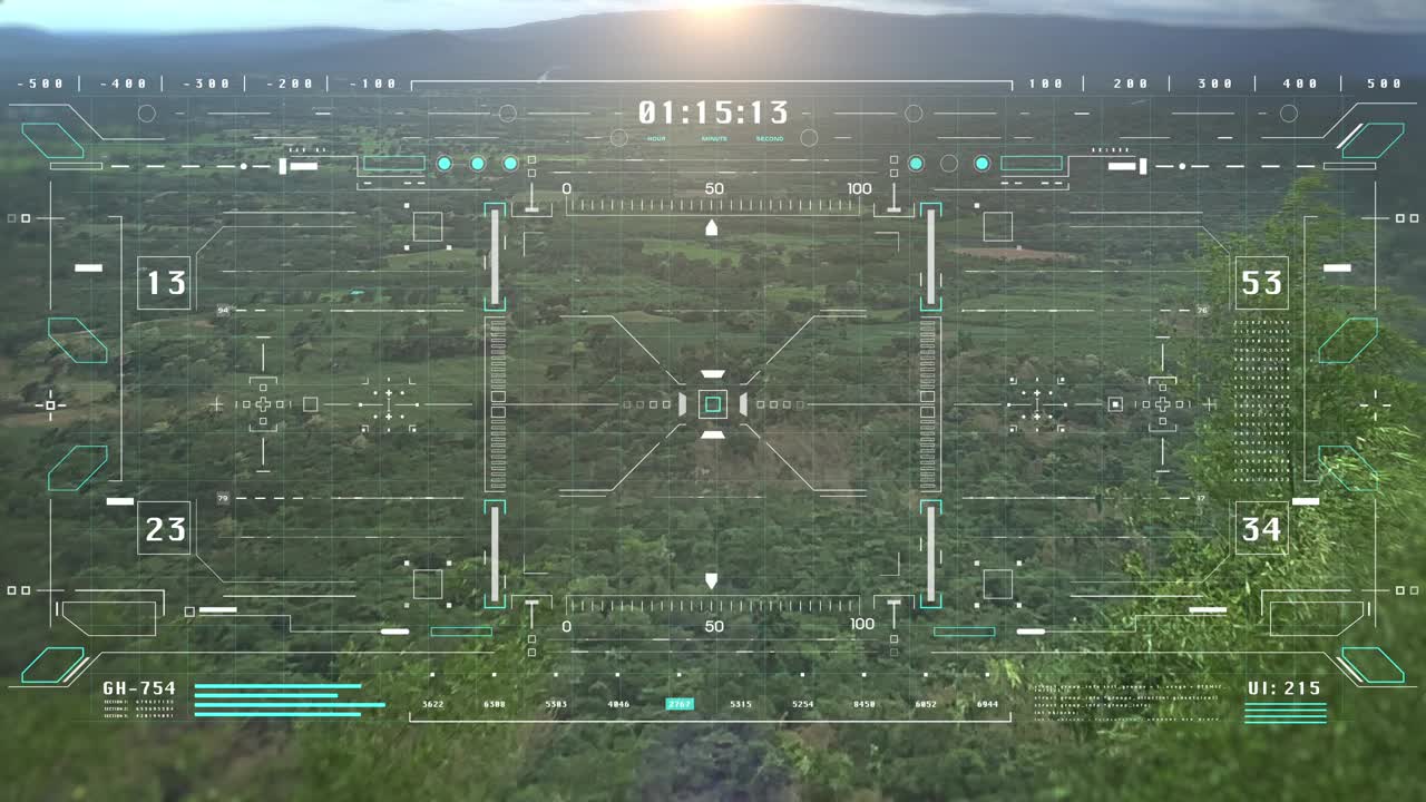 HUD数字面板接口鸟瞰图飞越探索森林在阳光下，背后的山景观或视角与自动跟踪系统4K运动视频下载