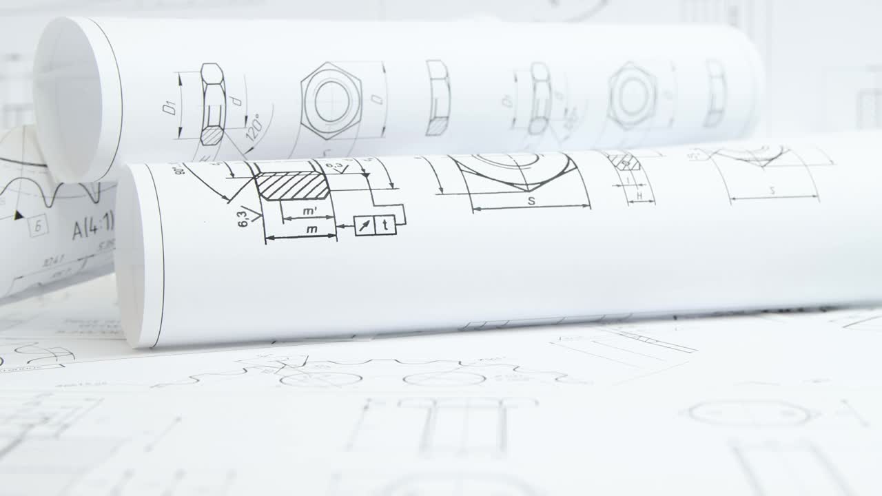 工业零件和机械的纸质工程图纸视频下载