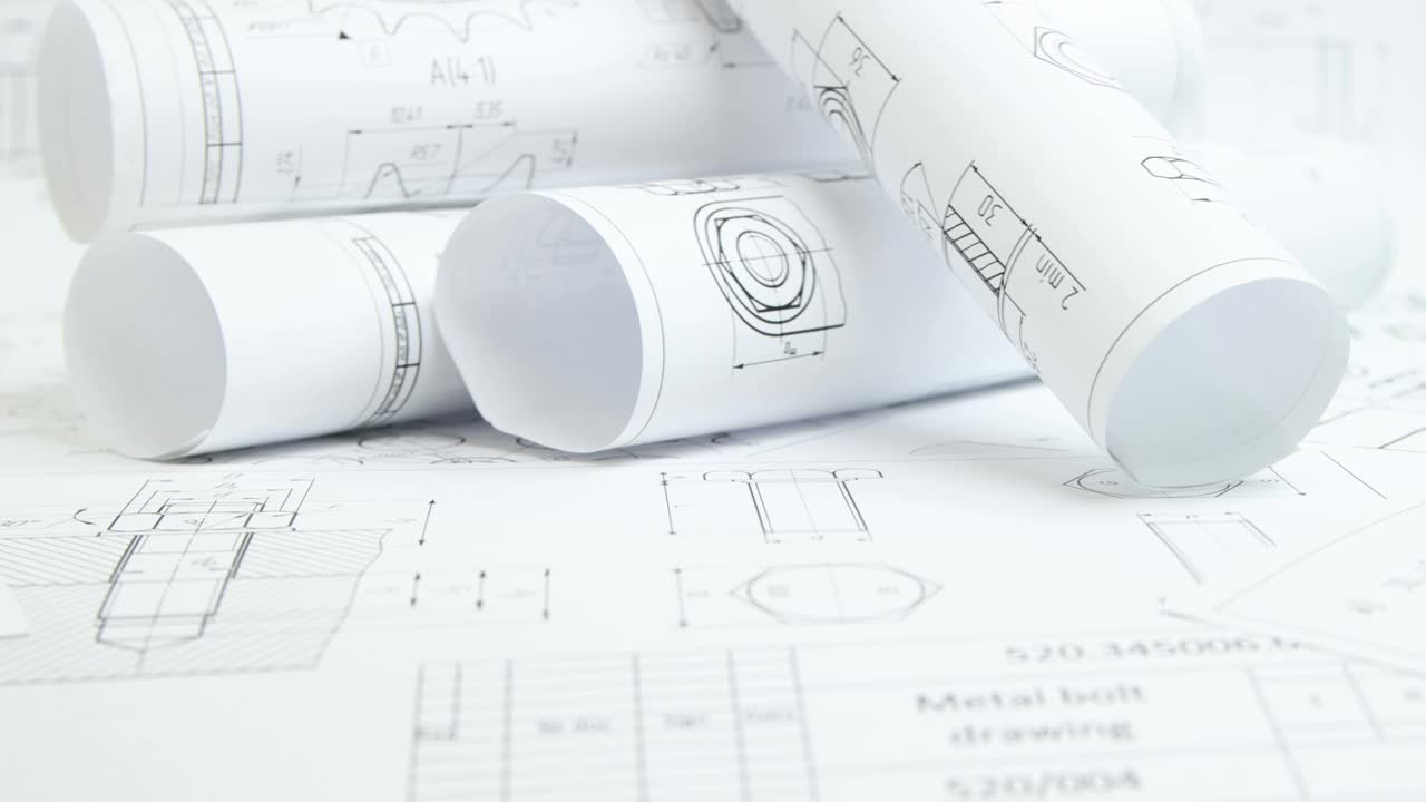 工业零件和机械的纸质工程图纸视频下载