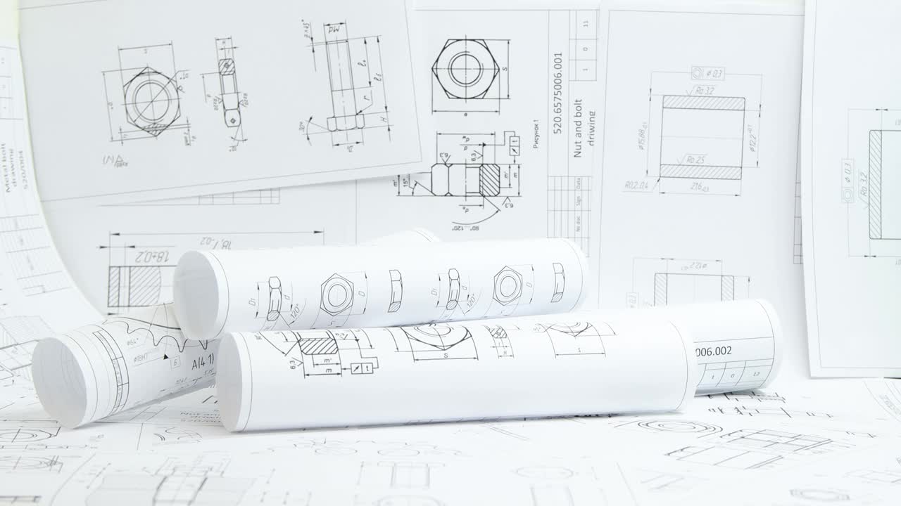 工业零件和机械的纸质工程图纸视频素材