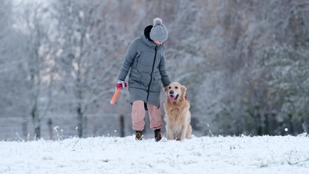 女主人和她的金毛猎犬在雪地上奔跑视频素材