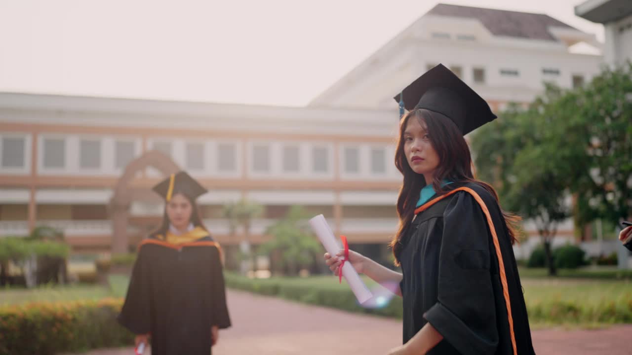 两个穿着毕业礼服的女人站在一栋大楼前视频素材