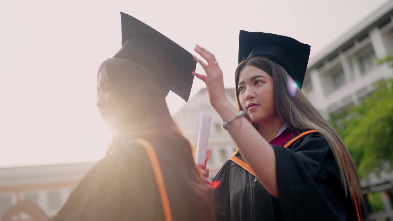 两个穿着毕业礼服的女人站在太阳下视频素材