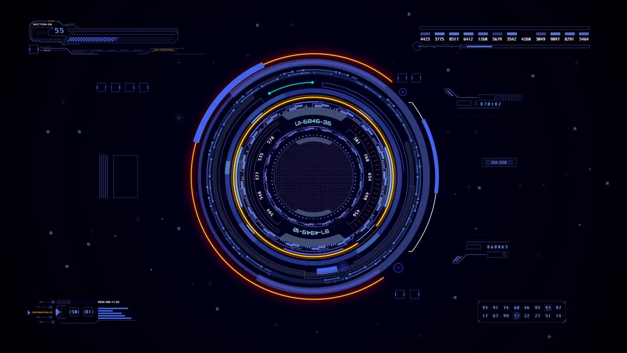 HUD未来旋转圈十字准星元素与数字数据，图表为业务发展，游戏，技术运动4K运动视频下载