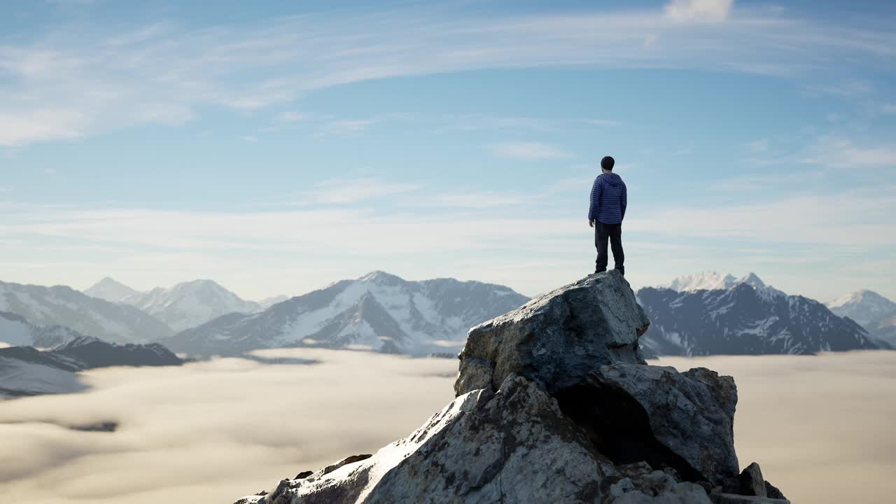 冒险的男性徒步旅行者站在戏剧性的岩石悬崖，低云和雪山景观。晴天，多云。3D渲染。视频素材