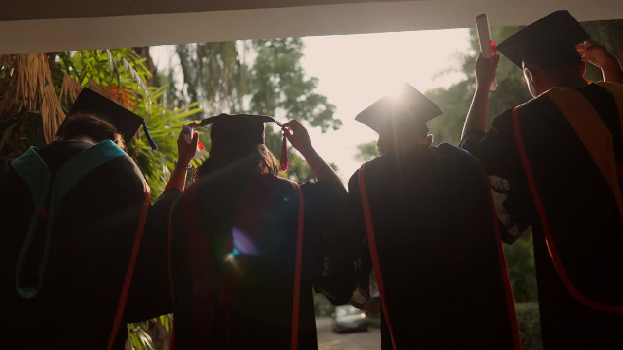 四个毕业生站在外面，戴着帽子，穿着长袍视频下载