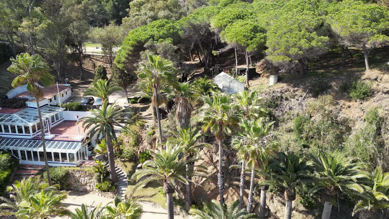 美丽的无人机鸟瞰图，地中海小镇在海岸与棕榈树和大海，Lloret de Mar, 4K视频素材