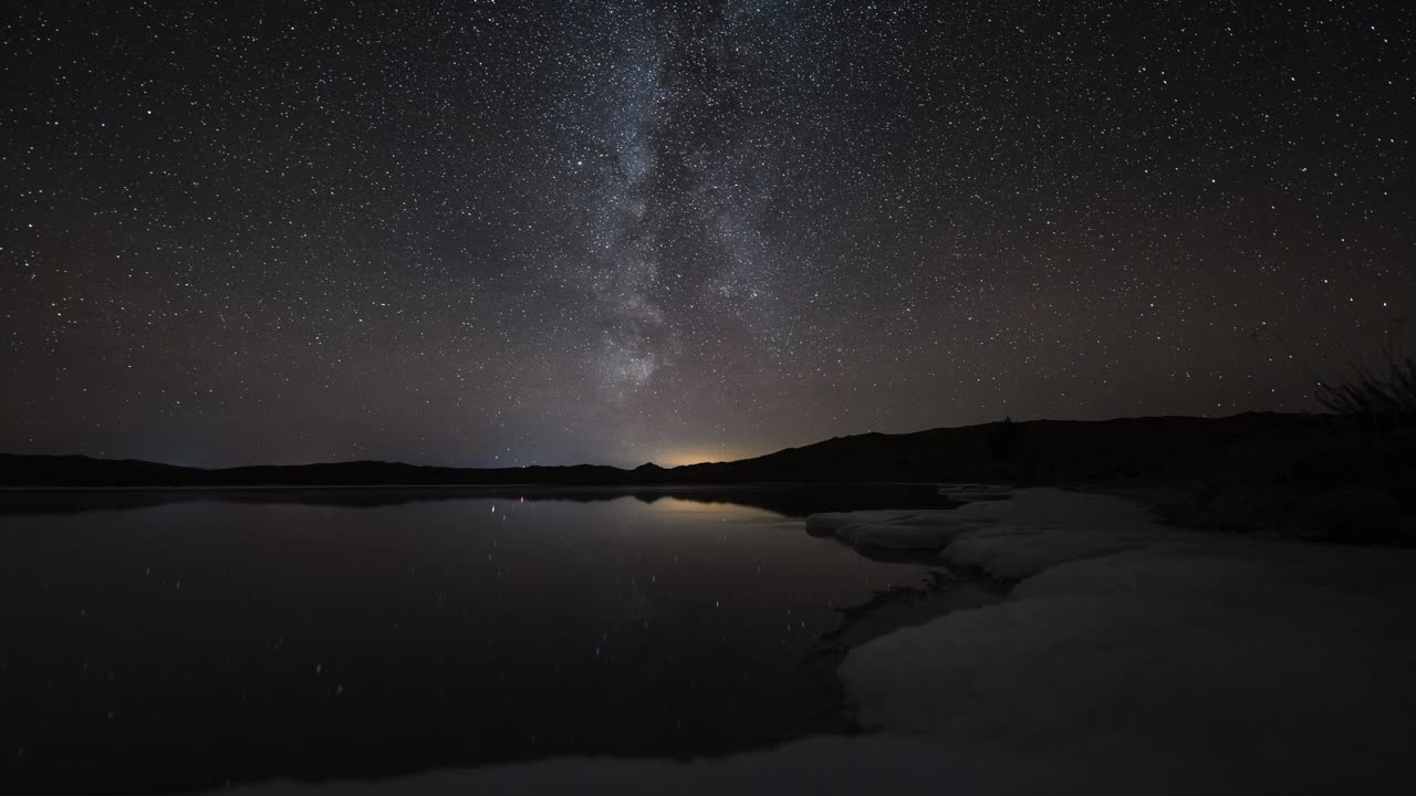 移动的星星和夜空的时间差。前景是冰冻的海岸线视频下载