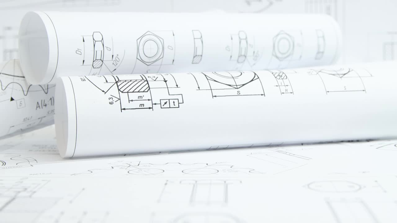 工业零件和机械的纸质工程图纸视频素材