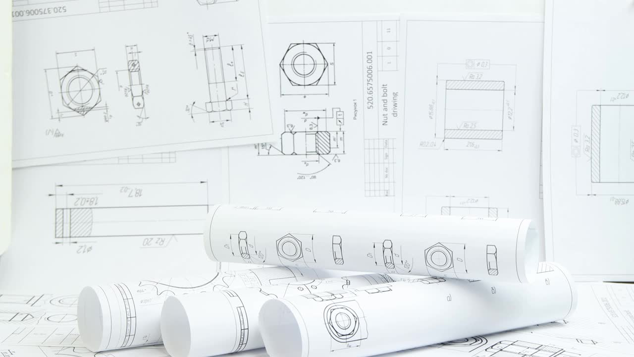 工业零件和机械的纸质工程图纸视频素材