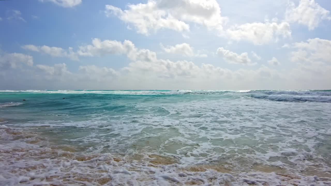 加勒比海的美丽景色，海浪拍打着沙滩，鹈鹕在水面上飞翔。墨西哥。视频素材