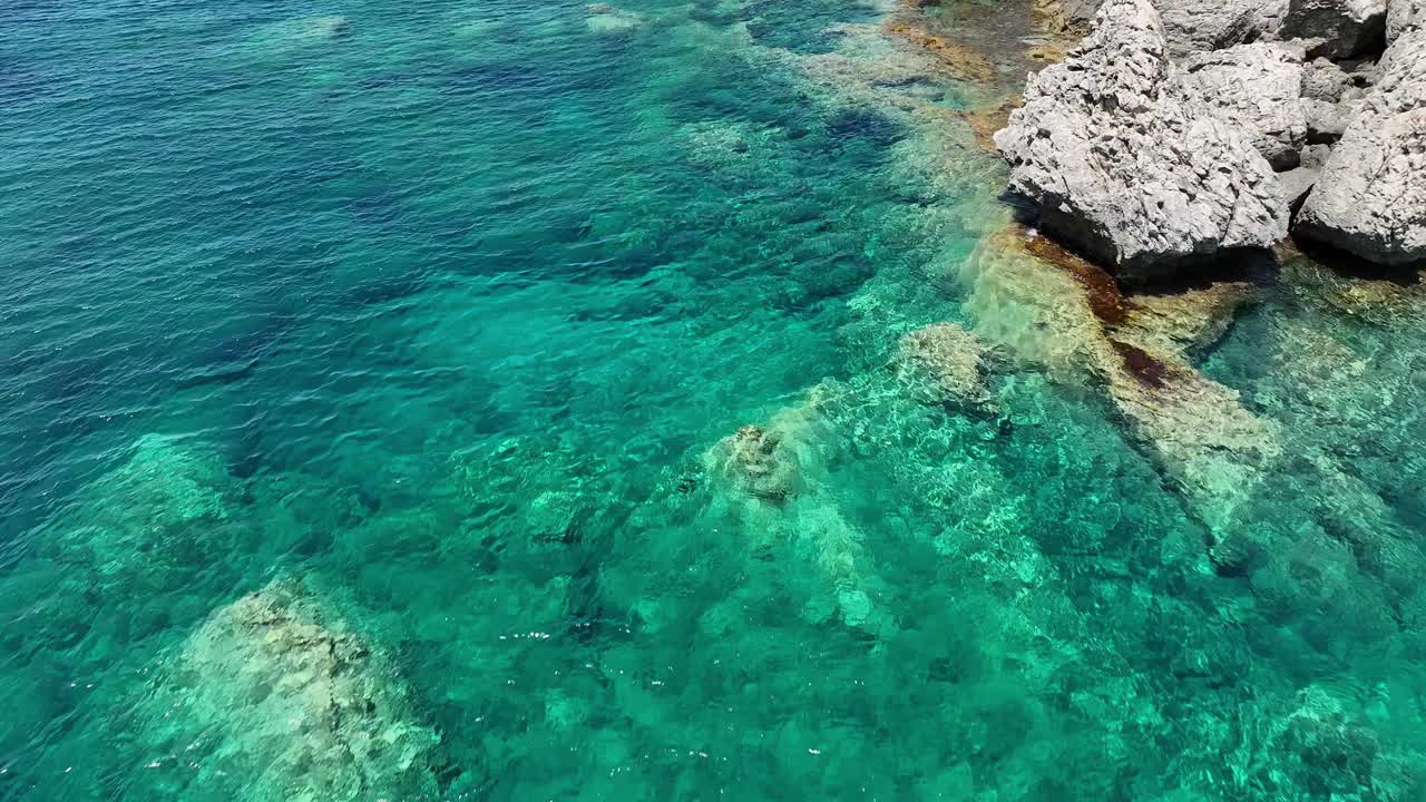 在爱奥尼亚海科孚岛的水晶蓝色的海水和岩石海岸，鸟瞰图视频素材