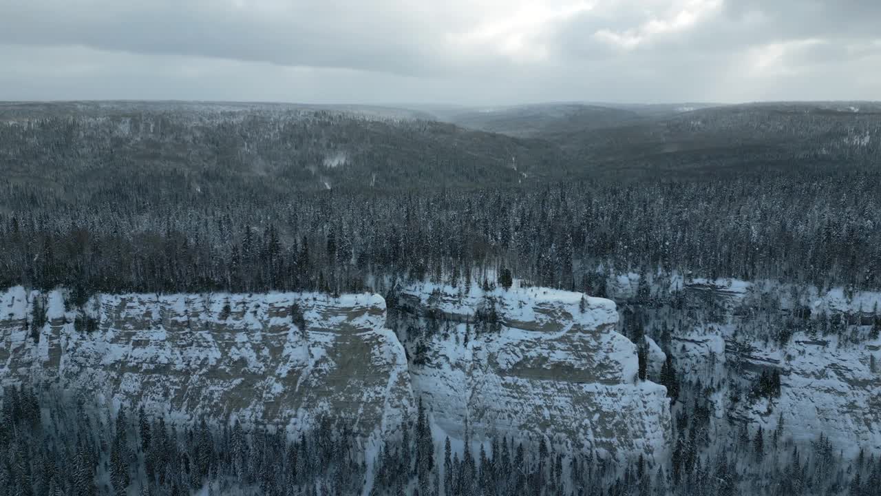 山崖河川鸟瞰图。夹。霜冻的寒雪的早晨和一望无际的常绿松林。视频素材