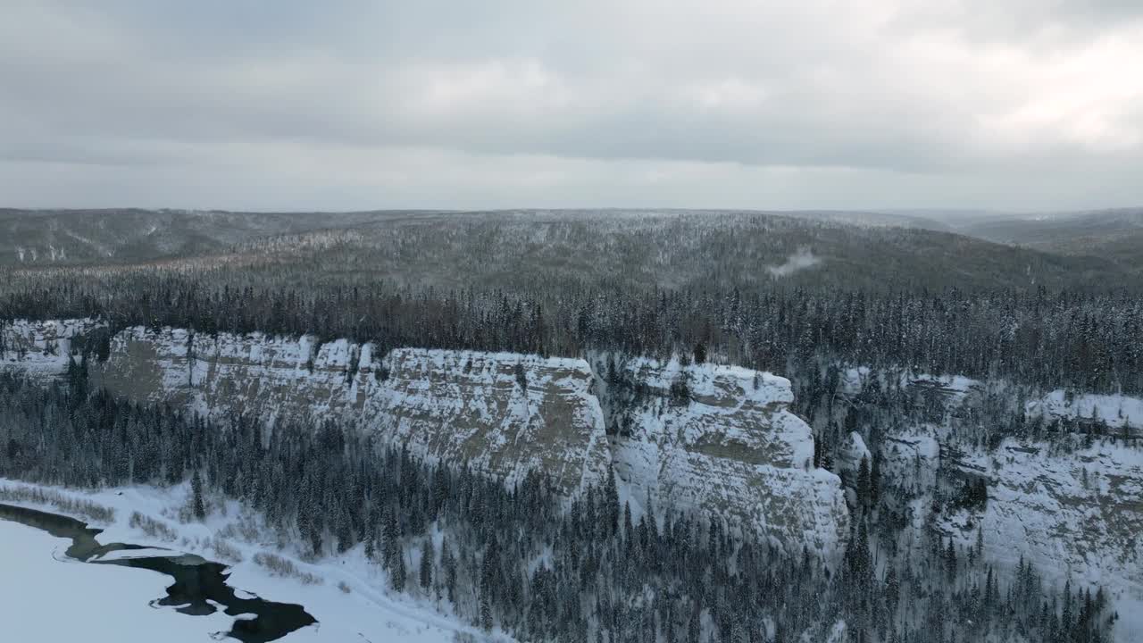 冬季森林景观和松树林生长在悬崖上的冻结的河流在雪。夹。令人叹为观止的鸟瞰自然景观。视频下载