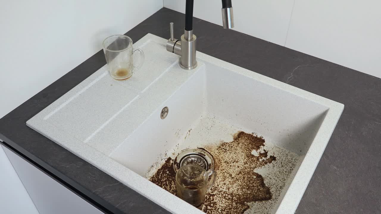 洗脏杯子。洗脸盆水槽的排水堵塞。被咖啡弄脏的水槽。近景。视频素材