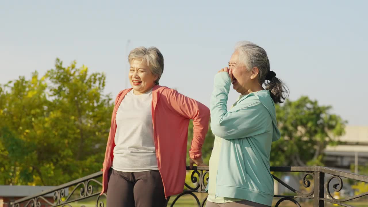 4K开朗活跃的老年妇女在公园一起锻炼视频素材