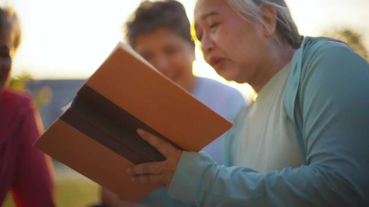 一群快乐的老年妇女在公园里一起放松视频下载