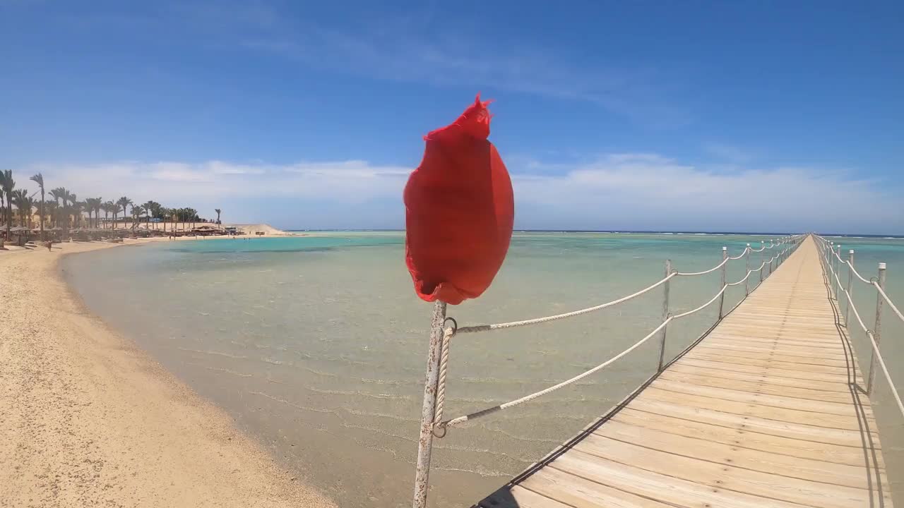 海滩上的一面红旗警告度假者海上有危险视频素材