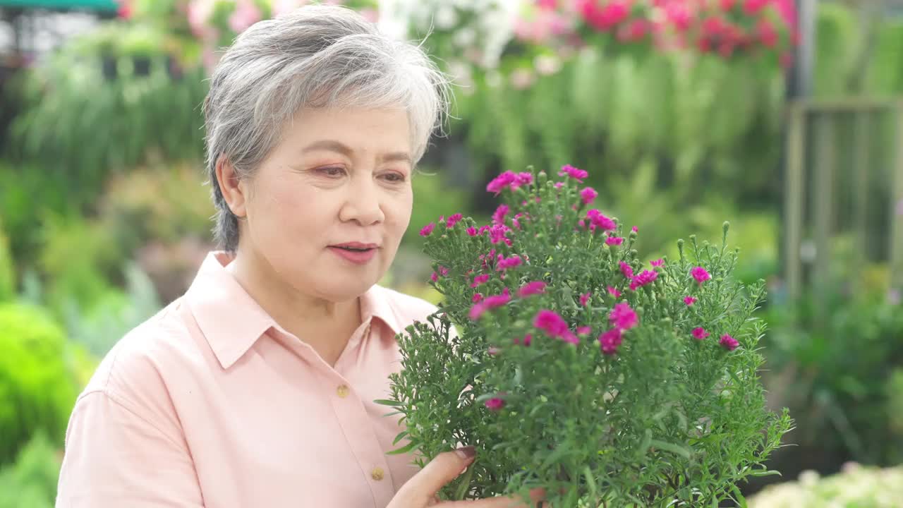 在街头市场的植物店前，欢快的亚洲老年妇女手持花盆的4K肖像。视频下载